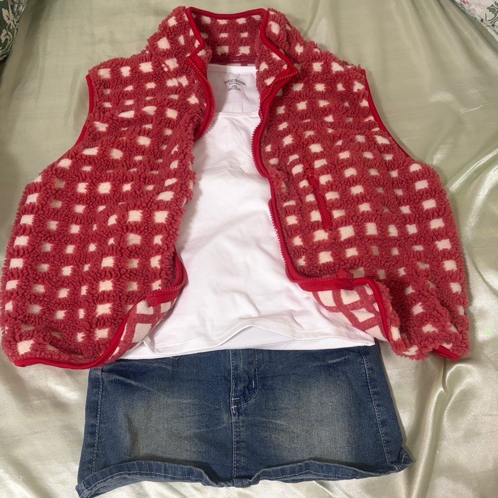 Red and White Checkered Fleece Vest strawberry shortcake vibes y2k